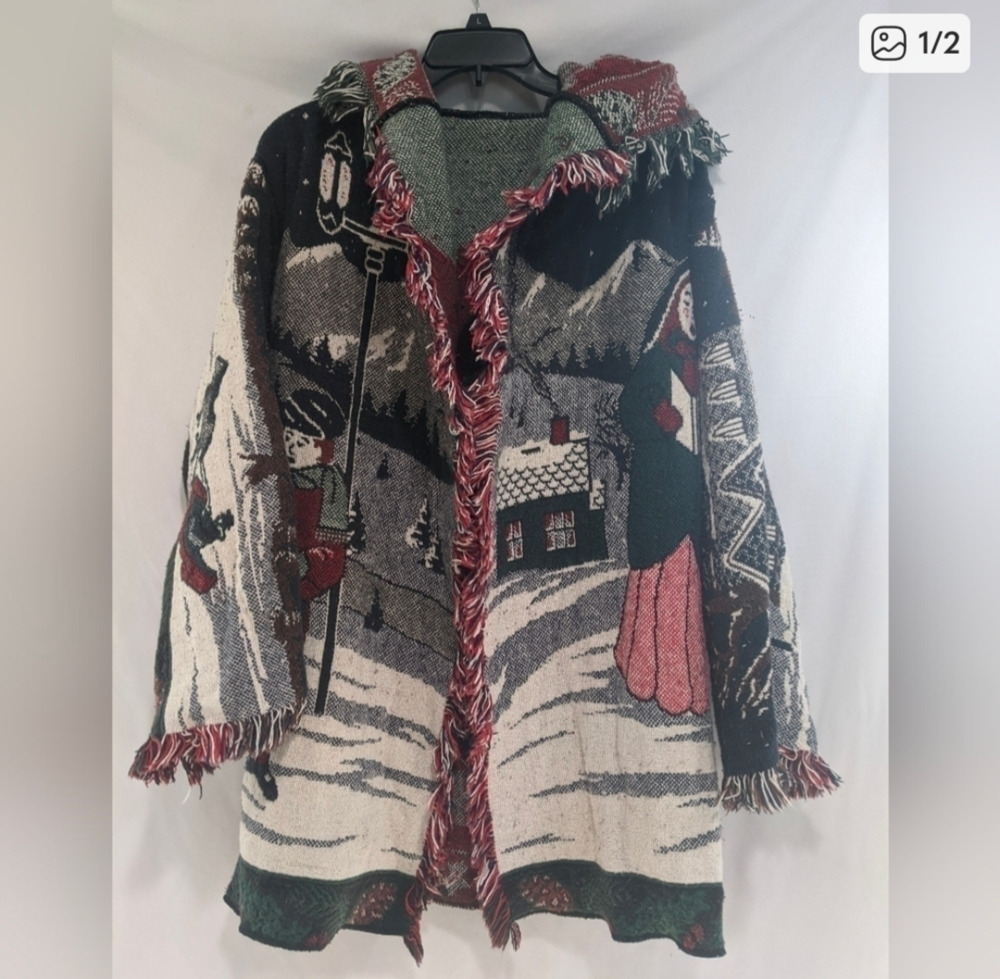 Upcycled Handmade Christmas Carol Tapestry Jacket | Vintage Hooded Holiday Coat